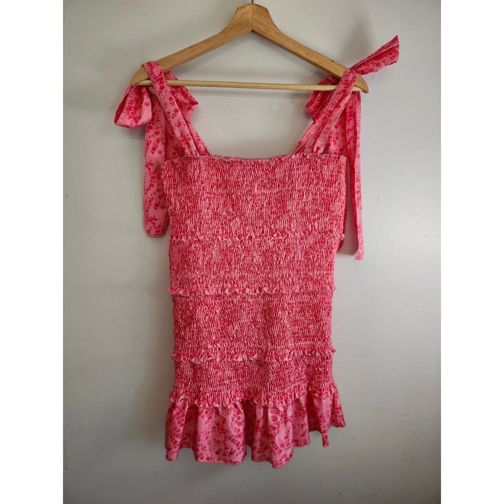 ChcMe Pink Floral Smocked Mini Dress Small Tie Shoulder Coquette Cottagecore 🌸 - Picture 2 of 12
